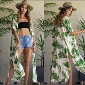 Tropical leaves women beach cover-up long kimono- Size small